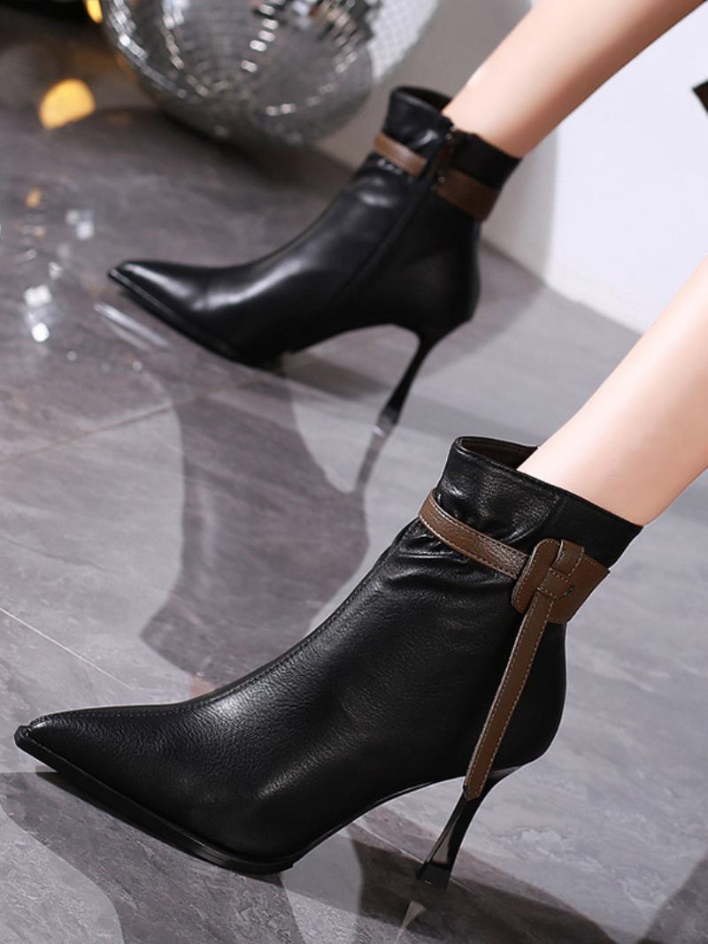 Botas Femininas Couro Pu Com Bico Fino E Salto Agulha - Preto