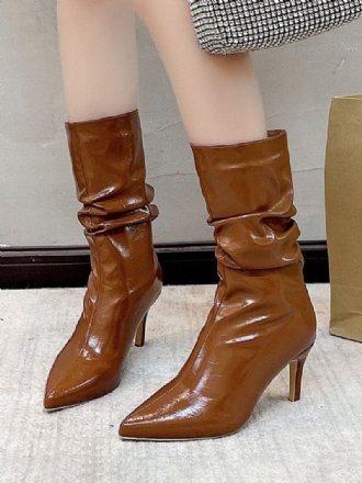 Botas Femininas Couro Pu Com Bico Fino E Salto Agulha Médio