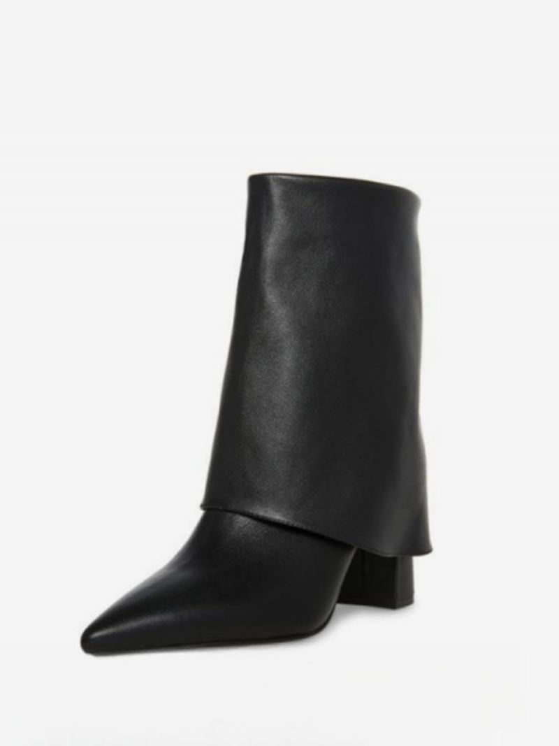 Botas Femininas Couro Pu Com Bico Fino E Salto Grosso - Preto