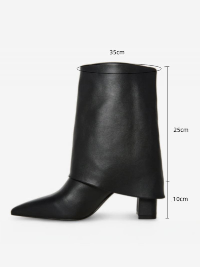 Botas Femininas Couro Pu Com Bico Fino E Salto Grosso - Preto