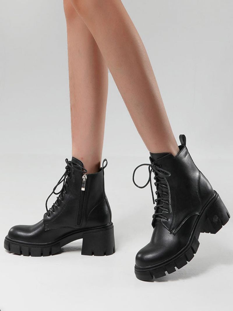 Botas Femininas Couro Pu Com Bico Fino E Salto Grosso