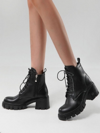 Botas Femininas Couro Pu Com Bico Fino E Salto Grosso