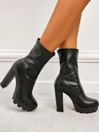 Botas Femininas Couro Pu Com Bico Fino E Salto Grosso