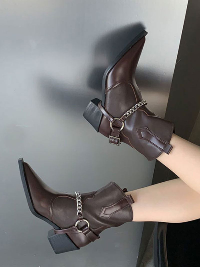 Botas Femininas Couro Pu Com Bico Fino E Salto Grosso - Castanho Profundo