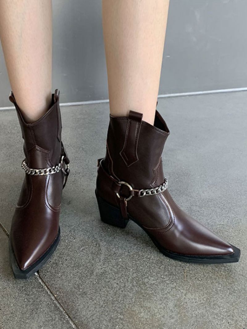 Botas Femininas Couro Pu Com Bico Fino E Salto Grosso - Castanho Profundo