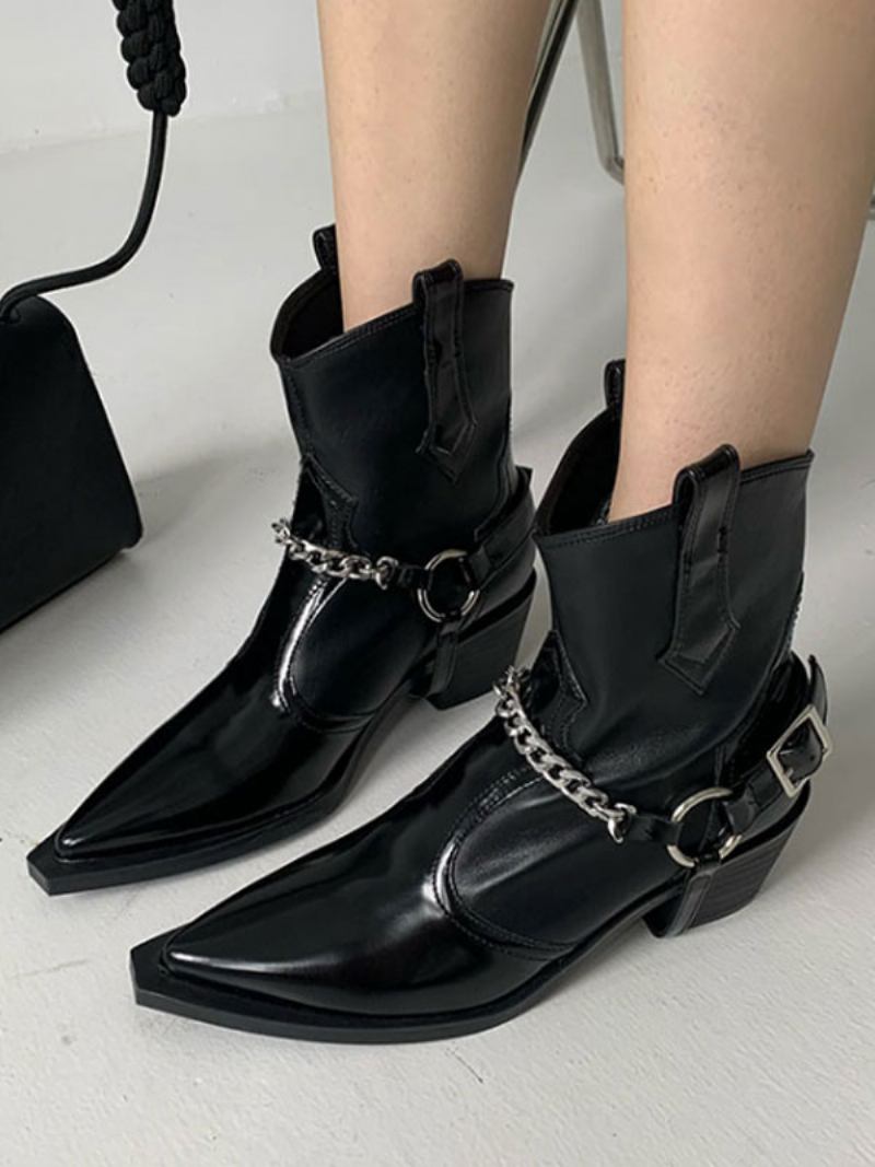 Botas Femininas Couro Pu Com Bico Fino E Salto Grosso - Preto