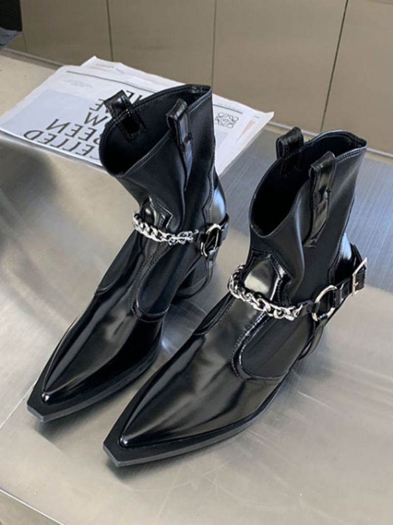 Botas Femininas Couro Pu Com Bico Fino E Salto Grosso - Preto