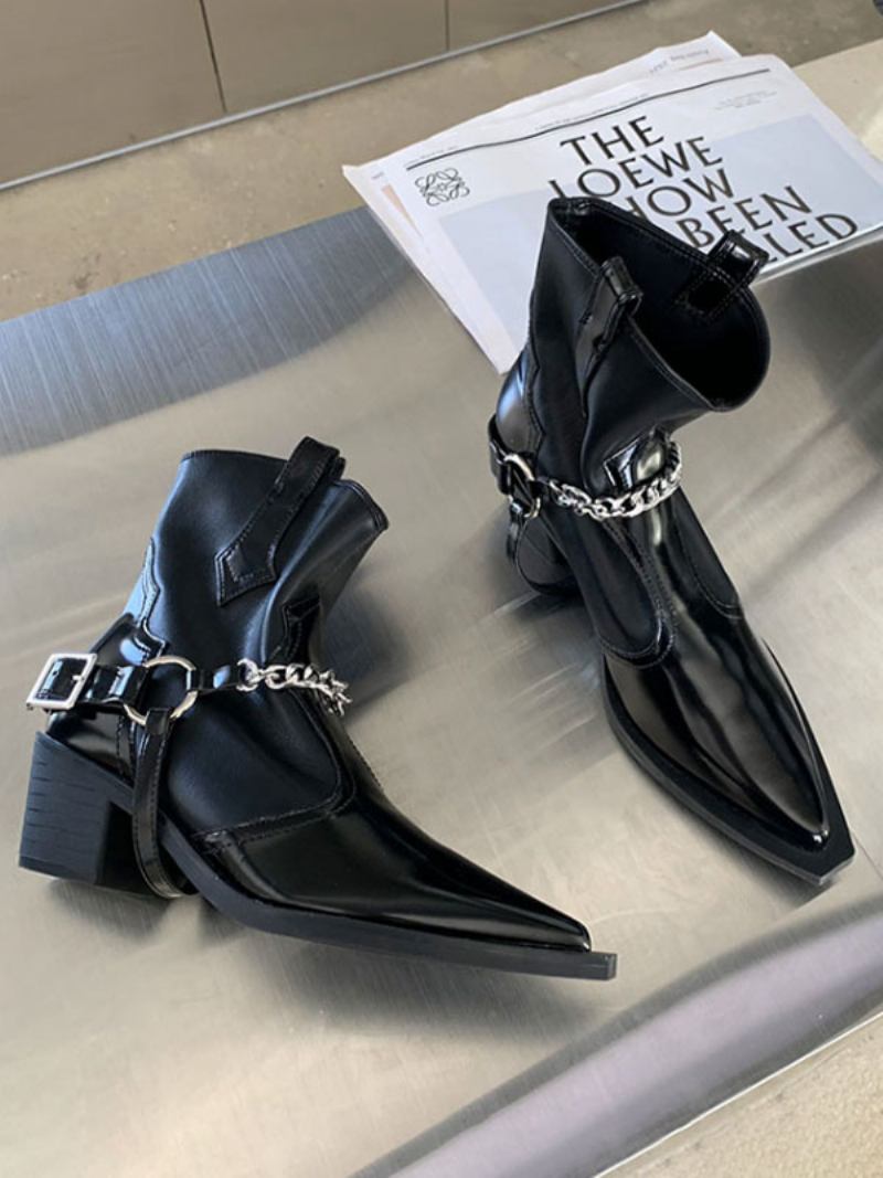 Botas Femininas Couro Pu Com Bico Fino E Salto Grosso - Preto