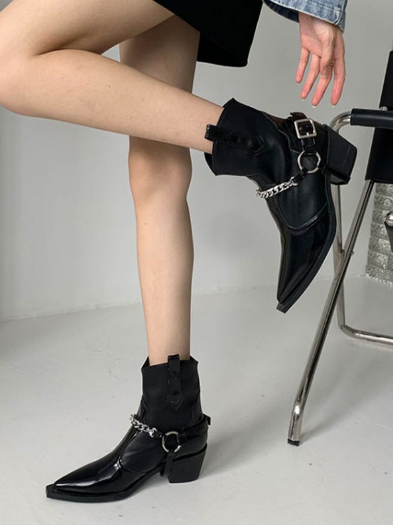 Botas Femininas Couro Pu Com Bico Fino E Salto Grosso - Preto