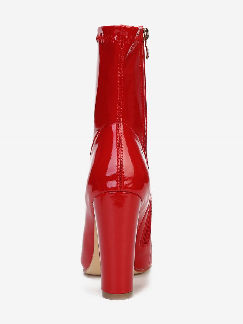 Botas Femininas Couro Pu Com Bico Fino E Salto Grosso - Vermelho