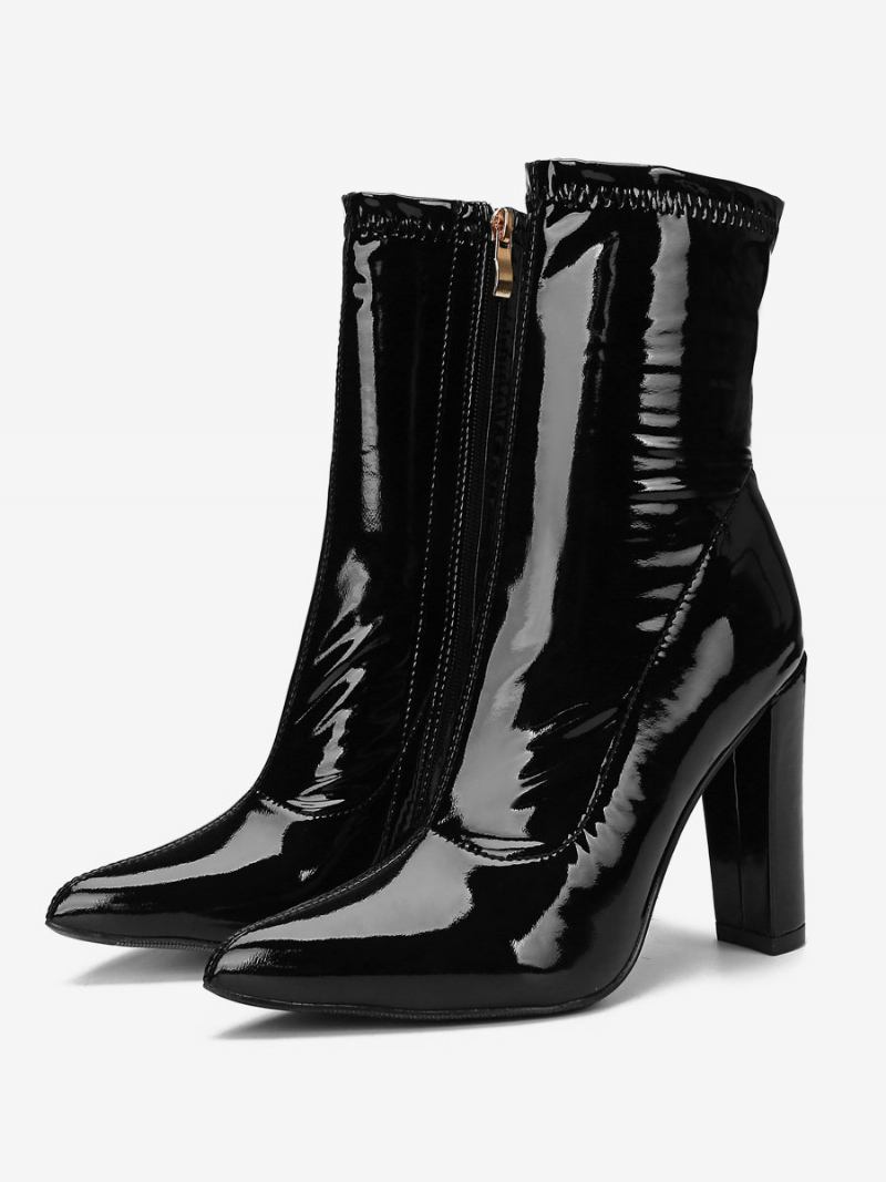 Botas Femininas Couro Pu Com Bico Fino E Salto Grosso - Preto