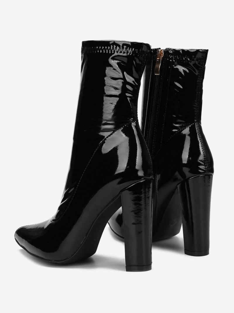 Botas Femininas Couro Pu Com Bico Fino E Salto Grosso - Preto