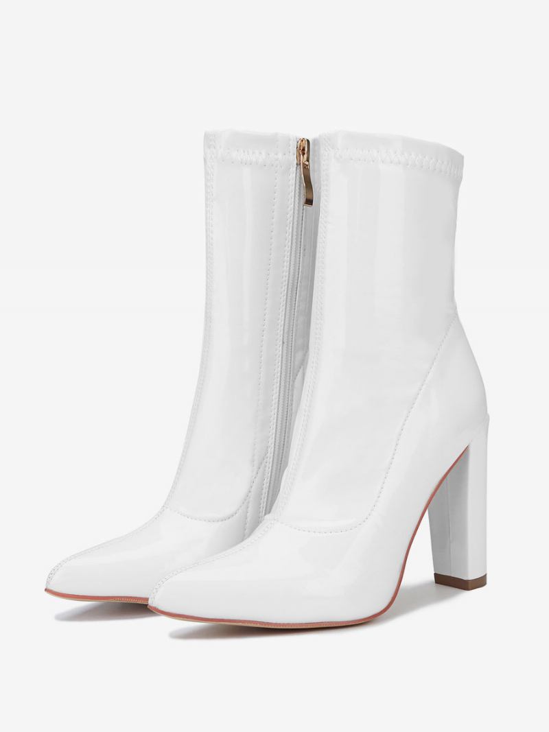 Botas Femininas Couro Pu Com Bico Fino E Salto Grosso - Branco