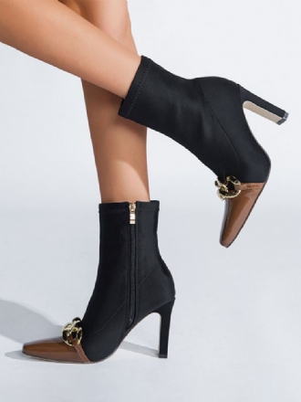 Botas Femininas Couro Pu Com Bico Fino E Salto Grosso