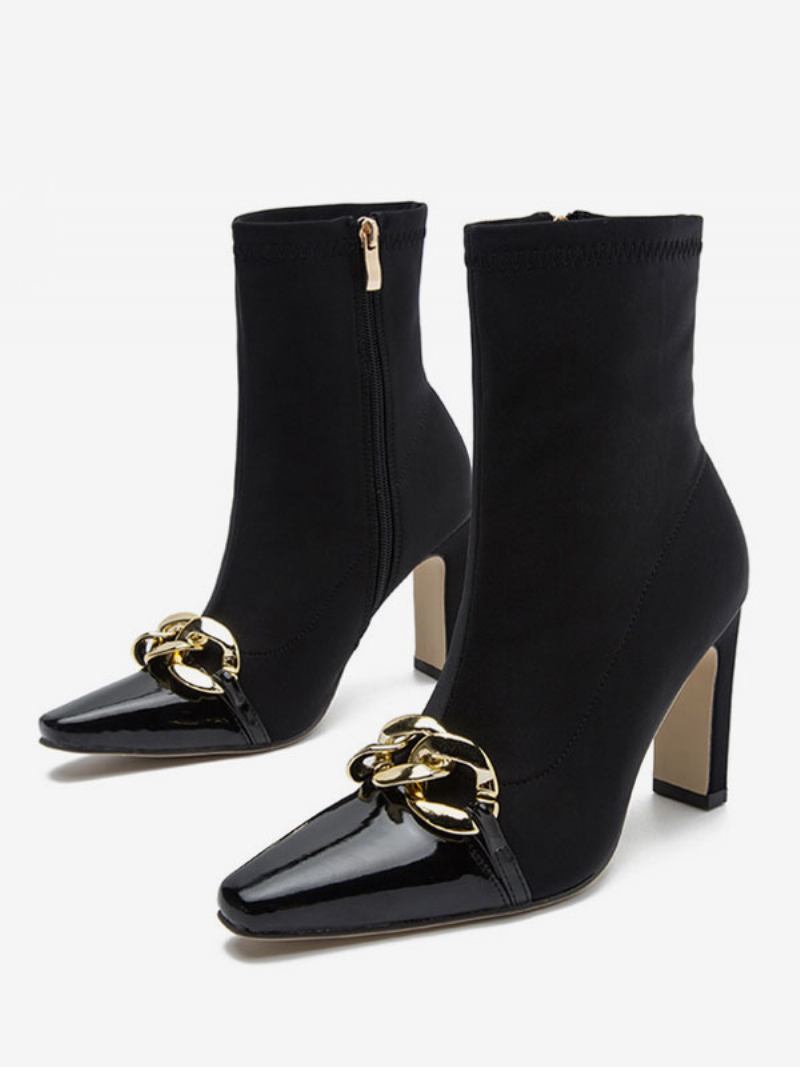 Botas Femininas Couro Pu Com Bico Fino E Salto Grosso - Preto