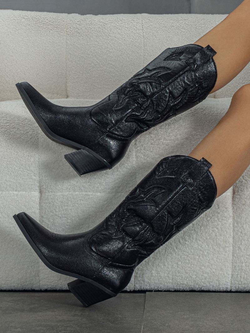 Botas Femininas Couro Pu Com Bico Fino E Salto Médio Na Panturrilha - Preto