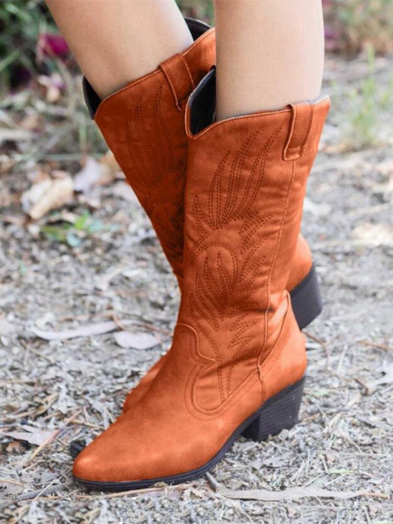 Botas Femininas Couro Pu Com Bico Fino E Salto Médio Na Panturrilha - Café Marrom