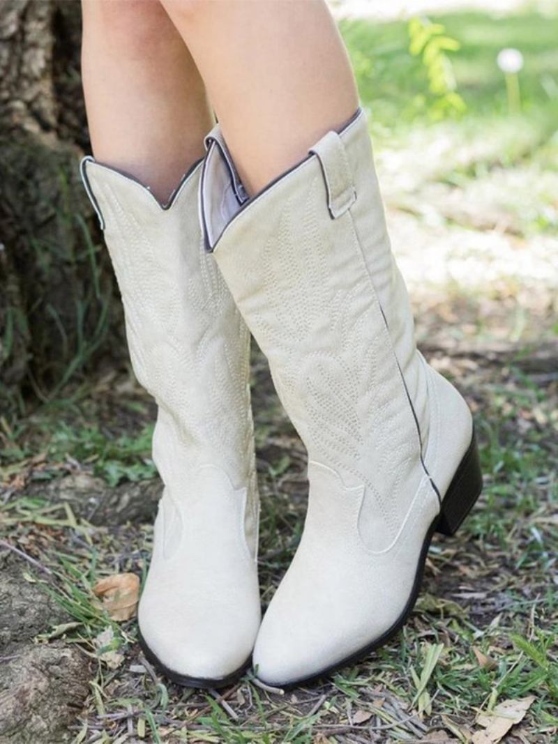 Botas Femininas Couro Pu Com Bico Fino E Salto Médio Na Panturrilha - Branco