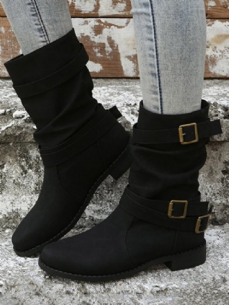 Botas Femininas Couro Pu Com Bico Fino E Salto Médio Na Panturrilha