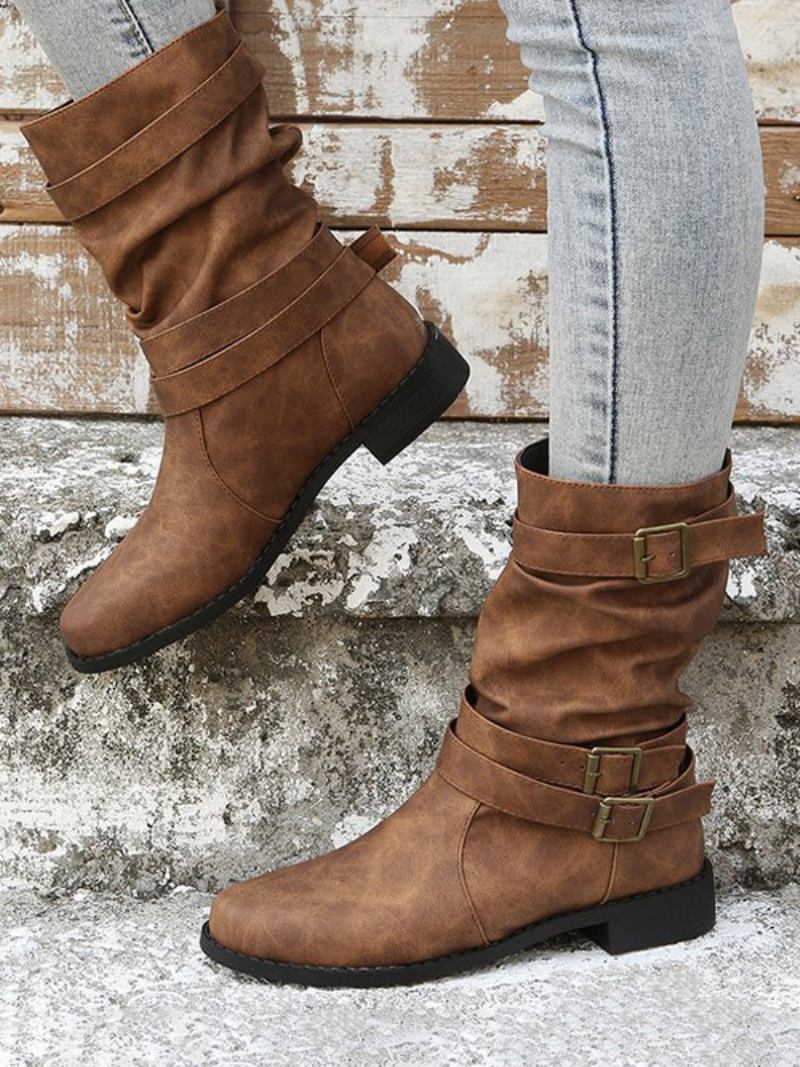 Botas Femininas Couro Pu Com Bico Fino E Salto Médio Na Panturrilha - Café Marrom