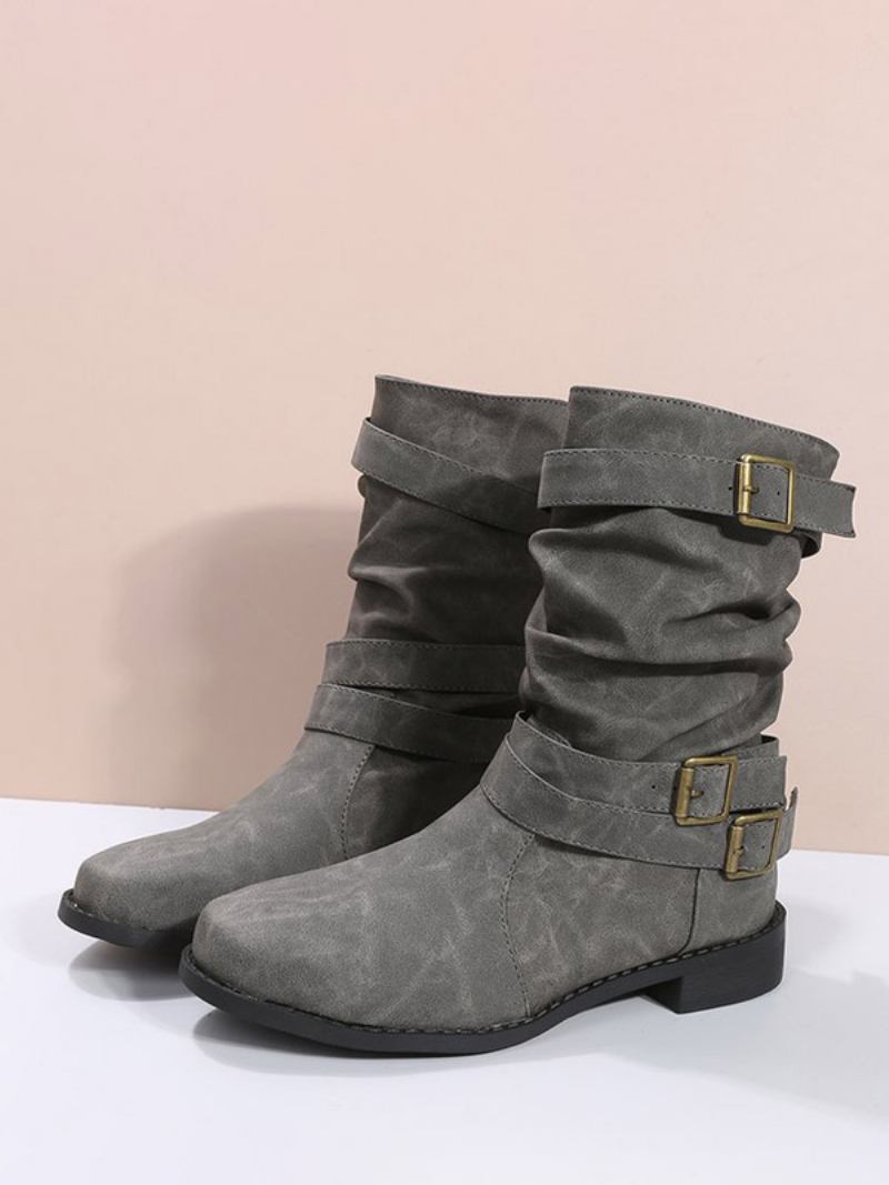 Botas Femininas Couro Pu Com Bico Fino E Salto Médio Na Panturrilha - Cinza