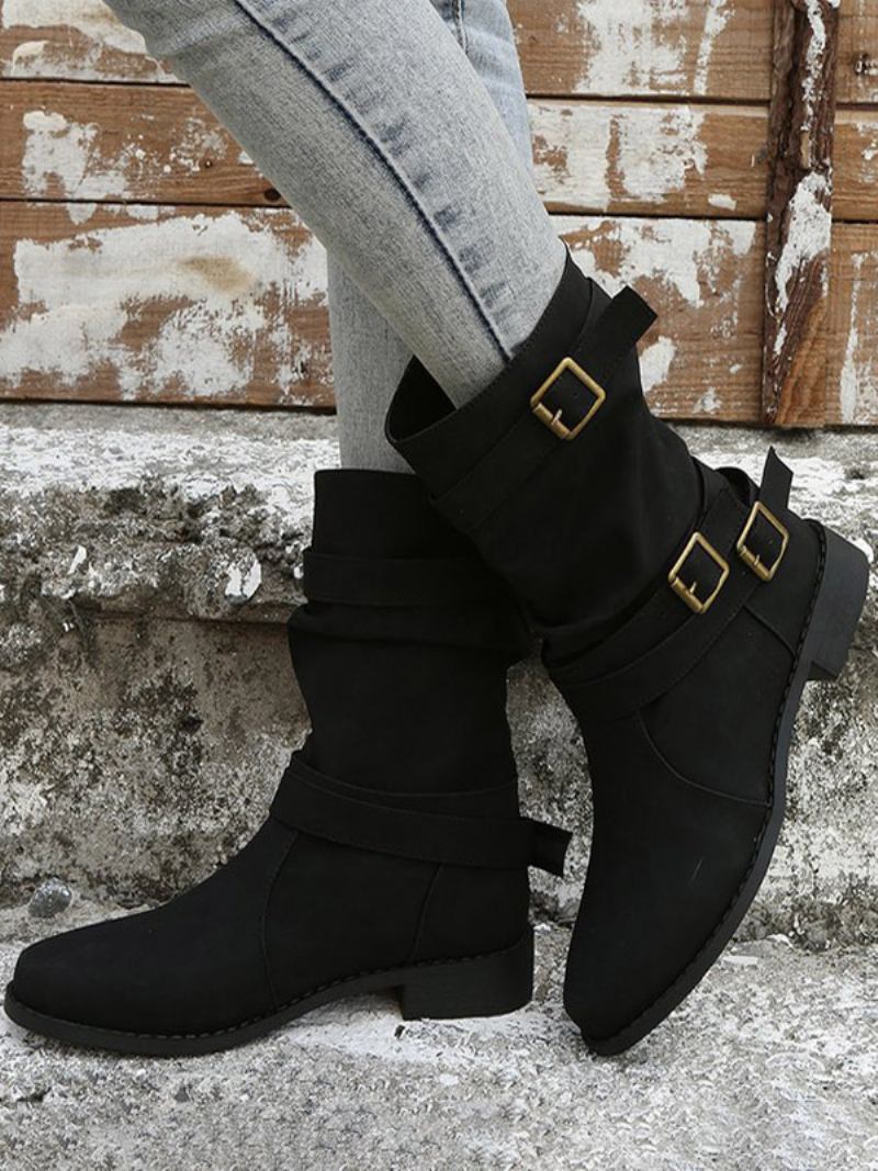 Botas Femininas Couro Pu Com Bico Fino E Salto Médio Na Panturrilha - Preto