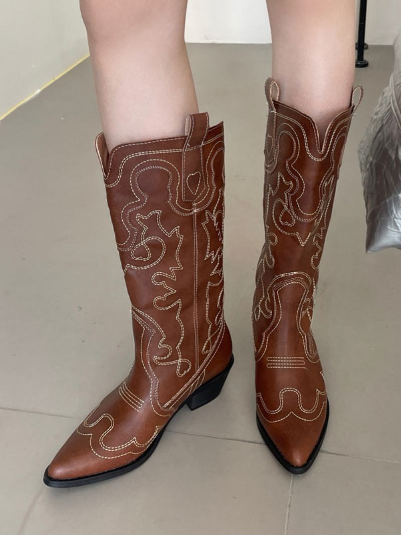 Botas Femininas Couro Pu Com Bico Fino E Salto Médio Na Panturrilha - Café Marrom