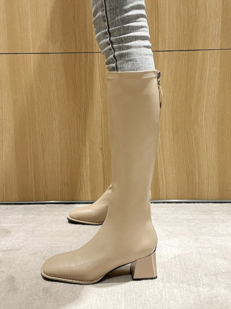 Botas Femininas Couro Pu Com Bico Fino E Salto Médio Na Panturrilha