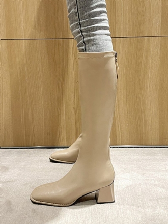 Botas Femininas Couro Pu Com Bico Fino E Salto Médio Na Panturrilha