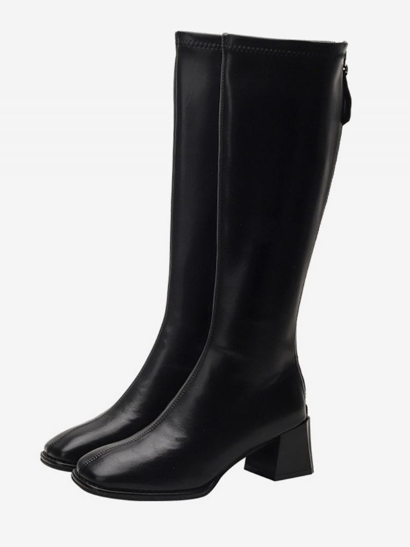 Botas Femininas Couro Pu Com Bico Fino E Salto Médio Na Panturrilha -  Preto