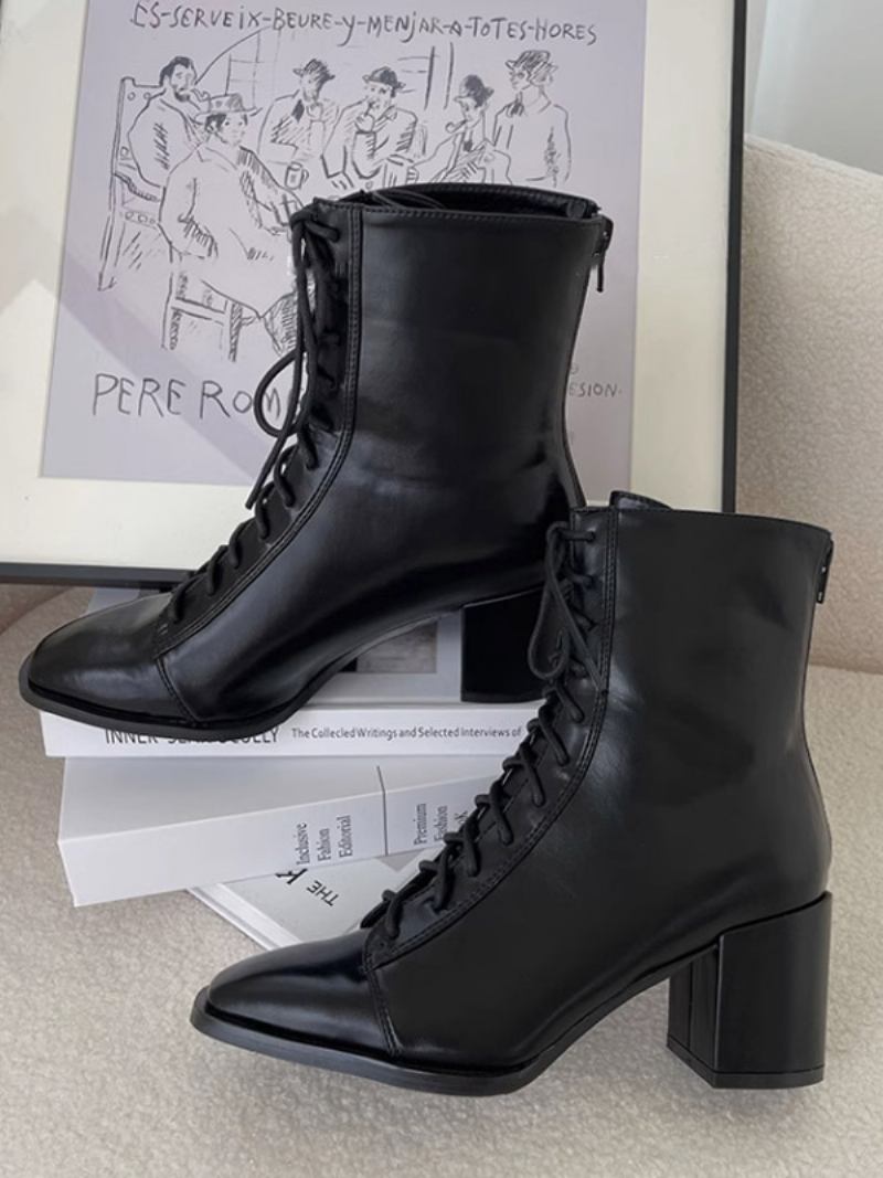 Botas Femininas Couro Pu Com Bico Quadrado E Salto Grosso - Preto