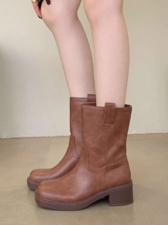 Botas Femininas Couro Pu Com Bico Quadrado E Salto Grosso