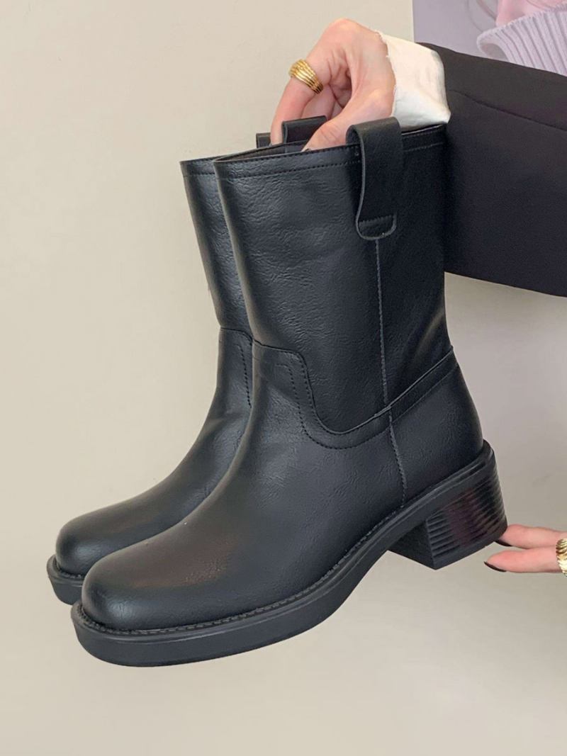 Botas Femininas Couro Pu Com Bico Quadrado E Salto Grosso - Preto