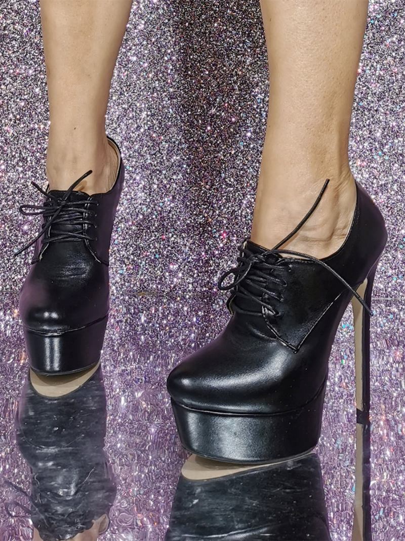 Botas Femininas Couro Pu Com Bico Redondo E Salto Agulha - Preto