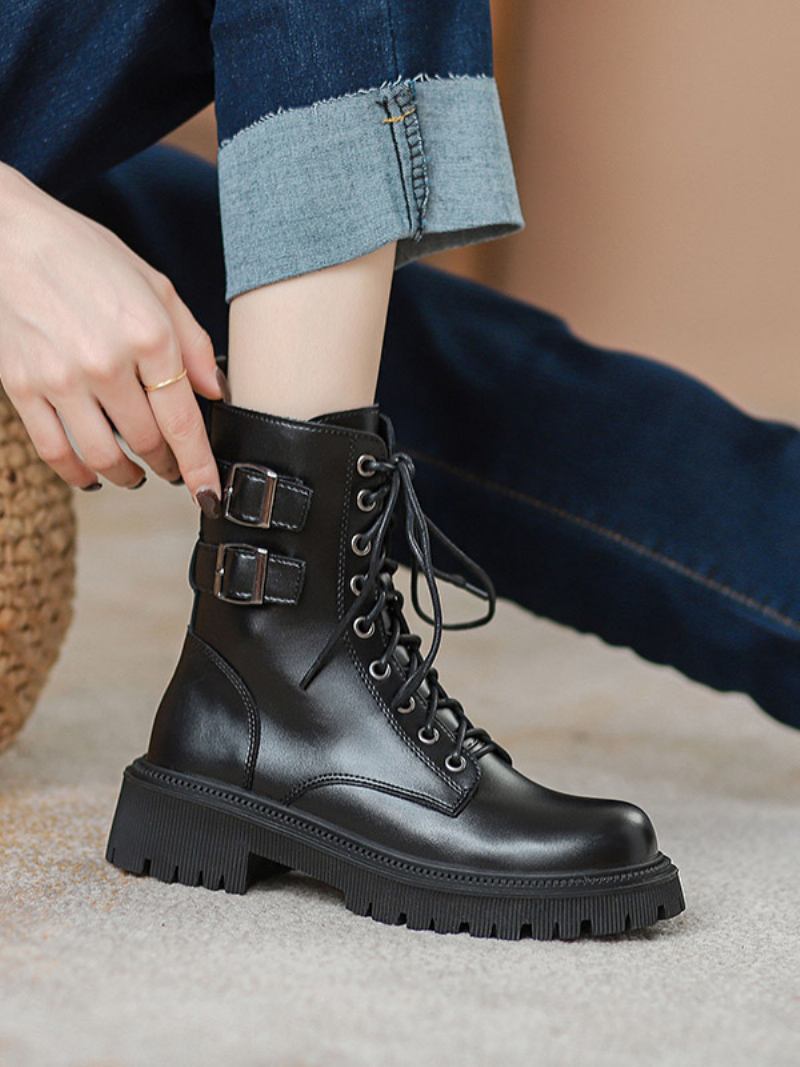 Botas Femininas Couro Pu Com Bico Redondo E Salto Cachorrinho - Preto