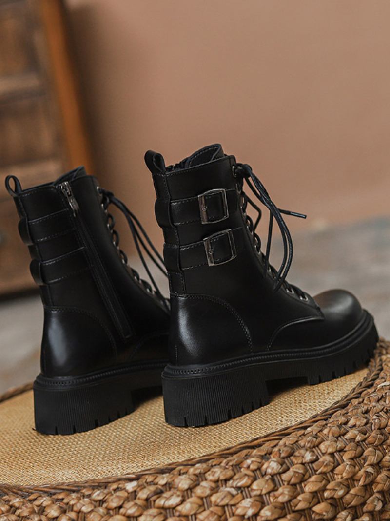 Botas Femininas Couro Pu Com Bico Redondo E Salto Cachorrinho - Preto