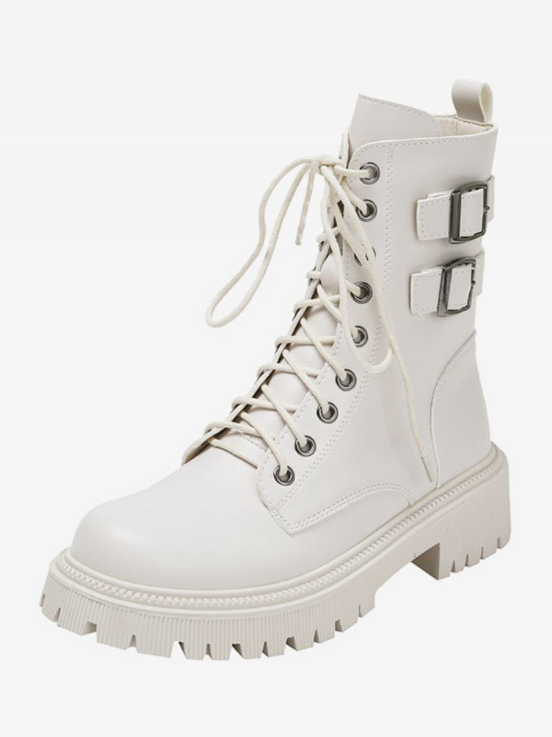 Botas Femininas Couro Pu Com Bico Redondo E Salto Cachorrinho - Branco