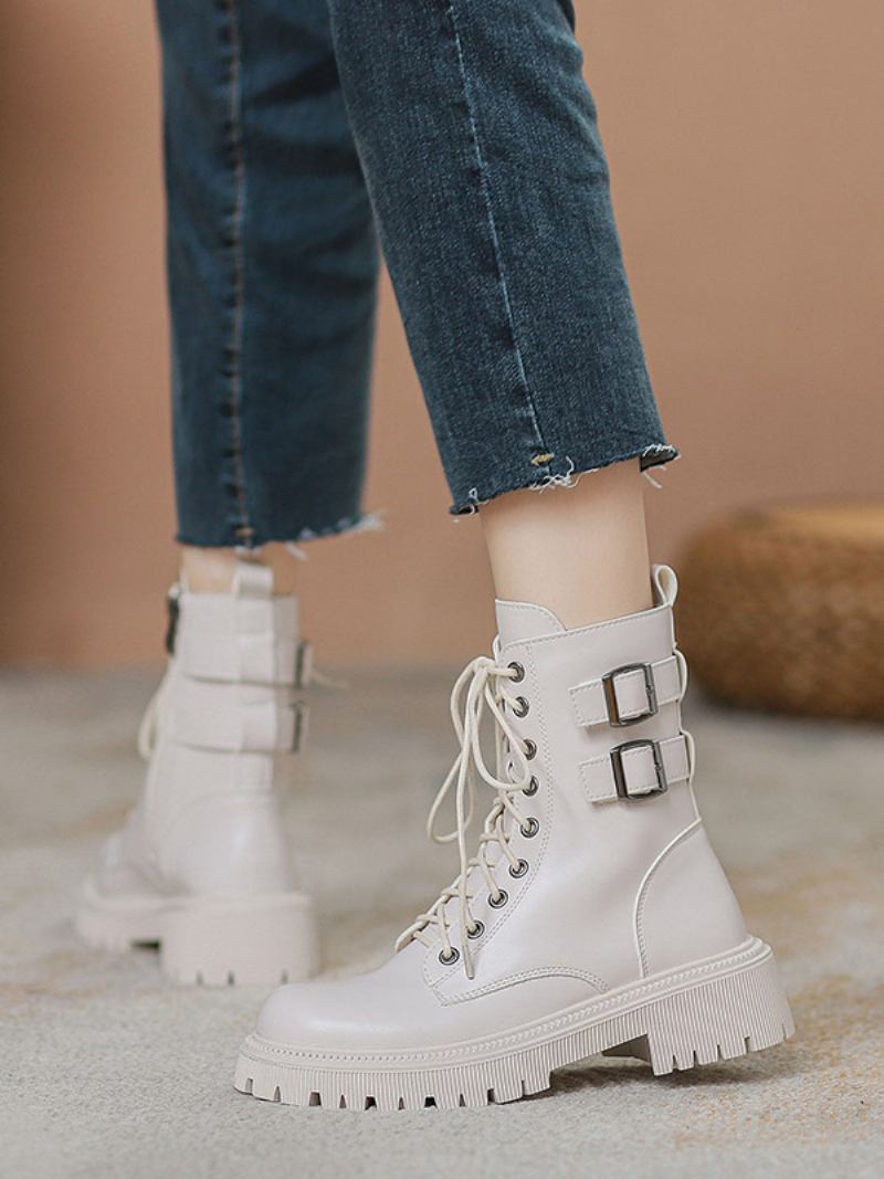 Botas Femininas Couro Pu Com Bico Redondo E Salto Cachorrinho - Branco