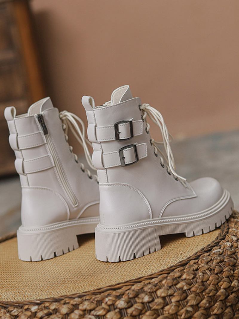 Botas Femininas Couro Pu Com Bico Redondo E Salto Cachorrinho - Branco