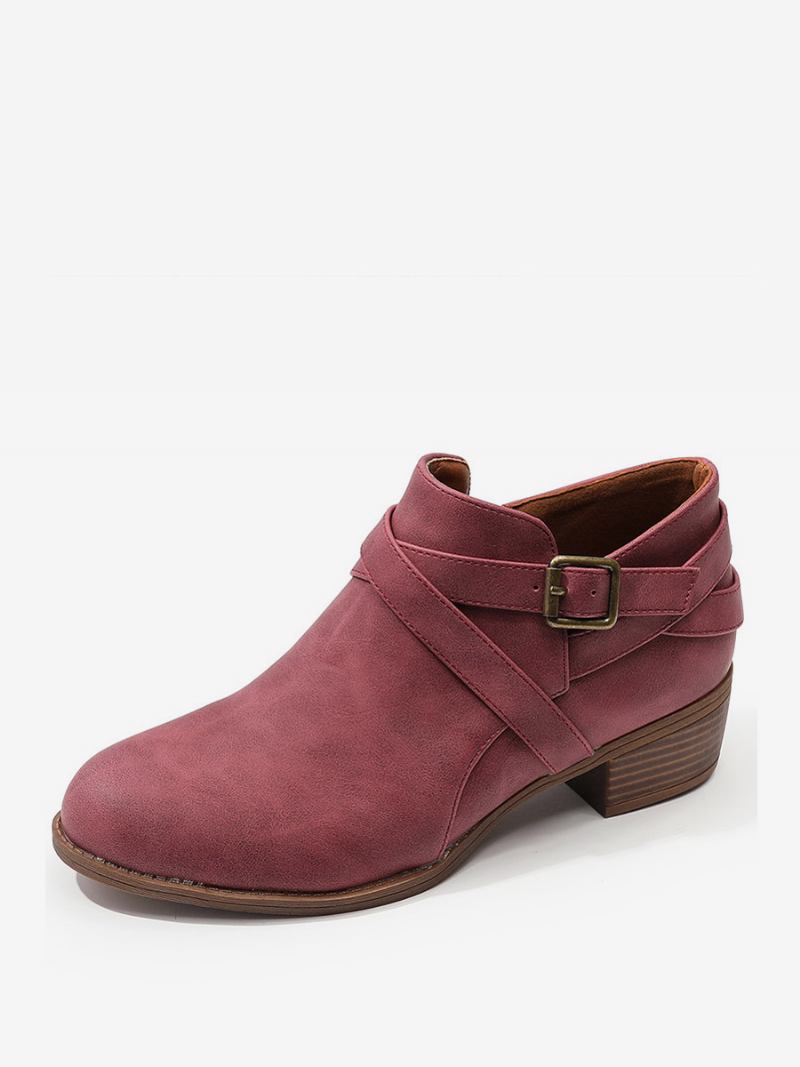 Botas Femininas Couro Pu Com Bico Redondo E Salto Grosso - Vermelho