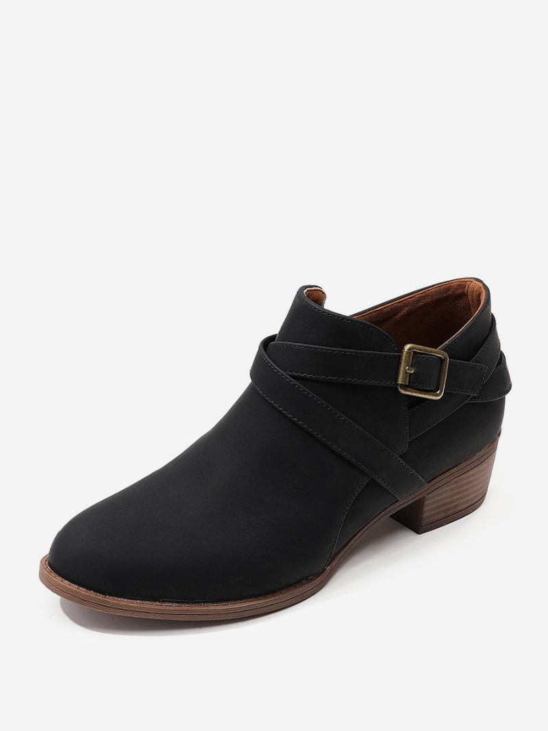 Botas Femininas Couro Pu Com Bico Redondo E Salto Grosso - Preto