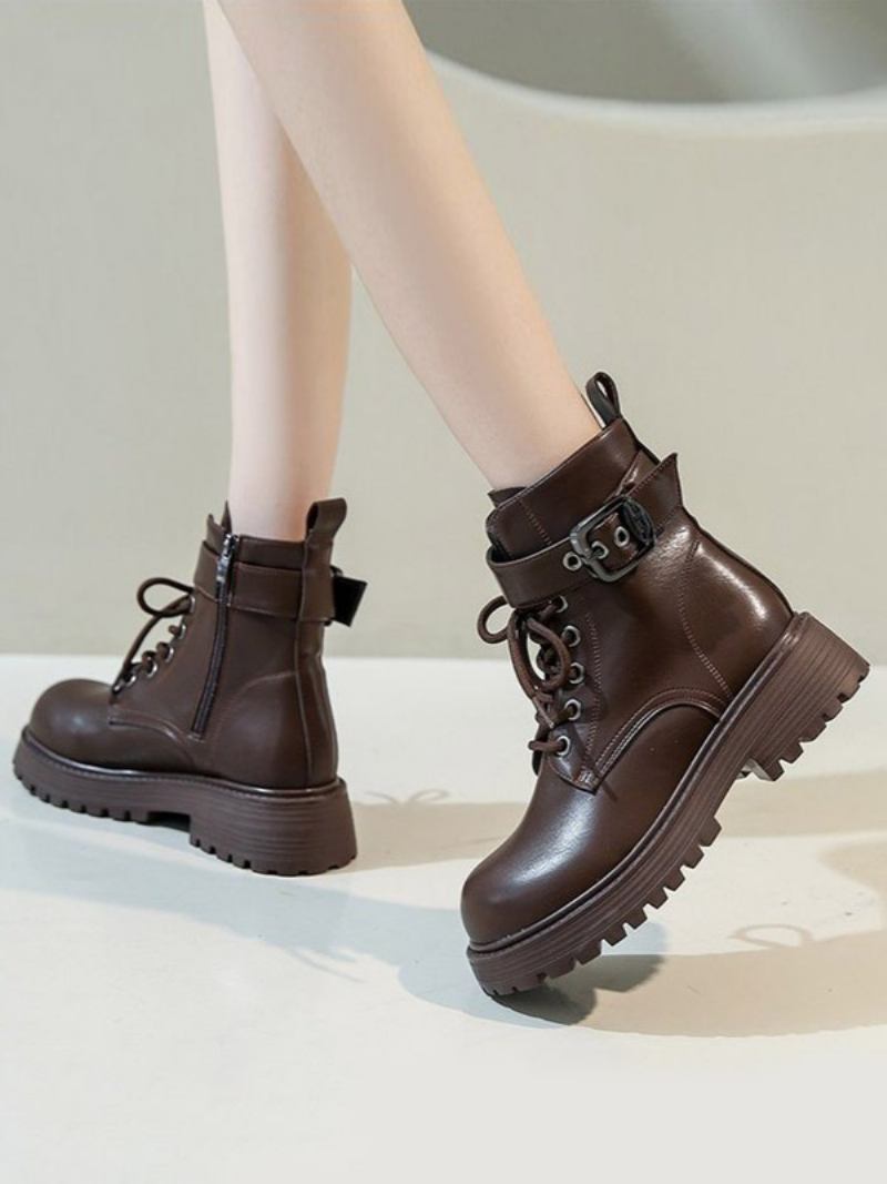 Botas Femininas Couro Pu Com Bico Redondo E Salto Grosso