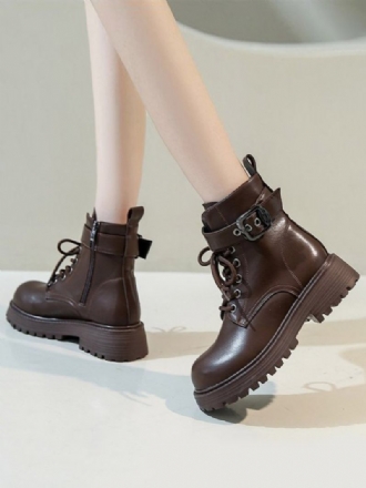 Botas Femininas Couro Pu Com Bico Redondo E Salto Grosso