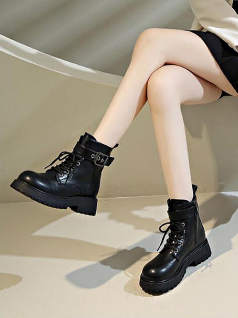 Botas Femininas Couro Pu Com Bico Redondo E Salto Grosso - Preto