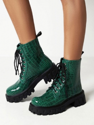 Botas Femininas Couro Pu Com Bico Redondo E Salto Grosso