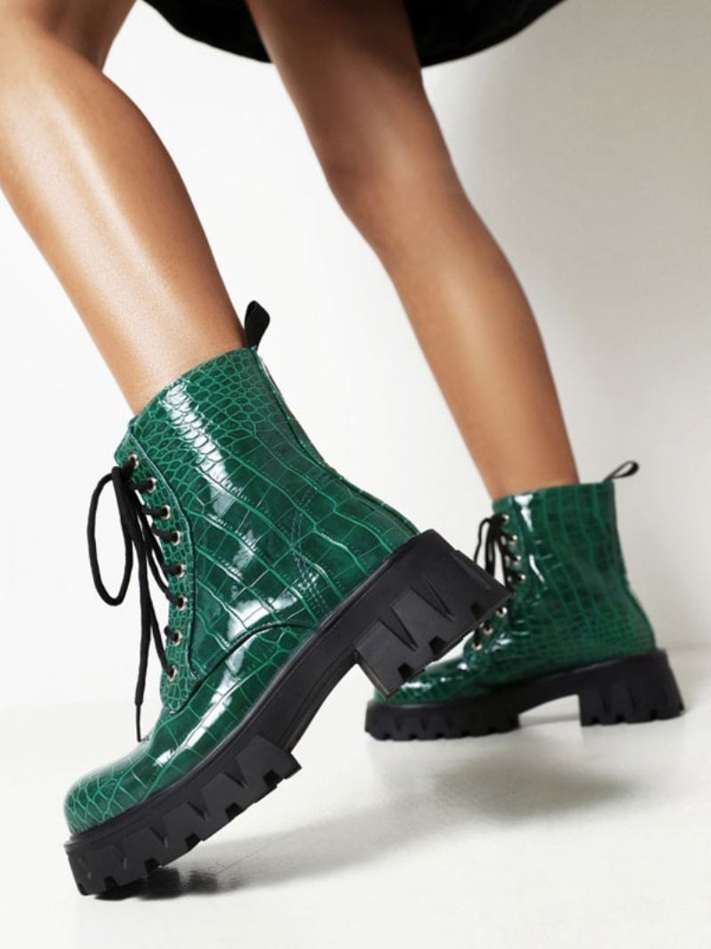 Botas Femininas Couro Pu Com Bico Redondo E Salto Grosso - Verde