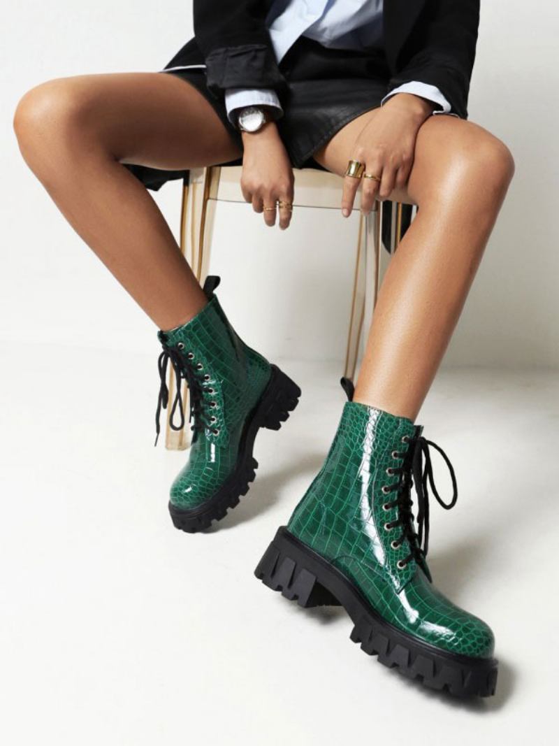 Botas Femininas Couro Pu Com Bico Redondo E Salto Grosso - Verde