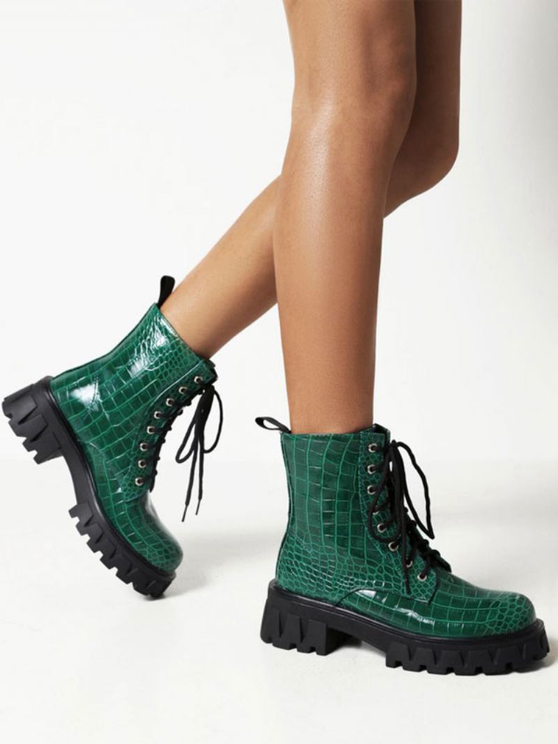 Botas Femininas Couro Pu Com Bico Redondo E Salto Grosso - Verde