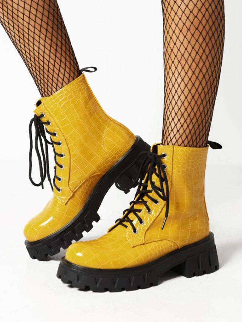 Botas Femininas Couro Pu Com Bico Redondo E Salto Grosso - Amarelo