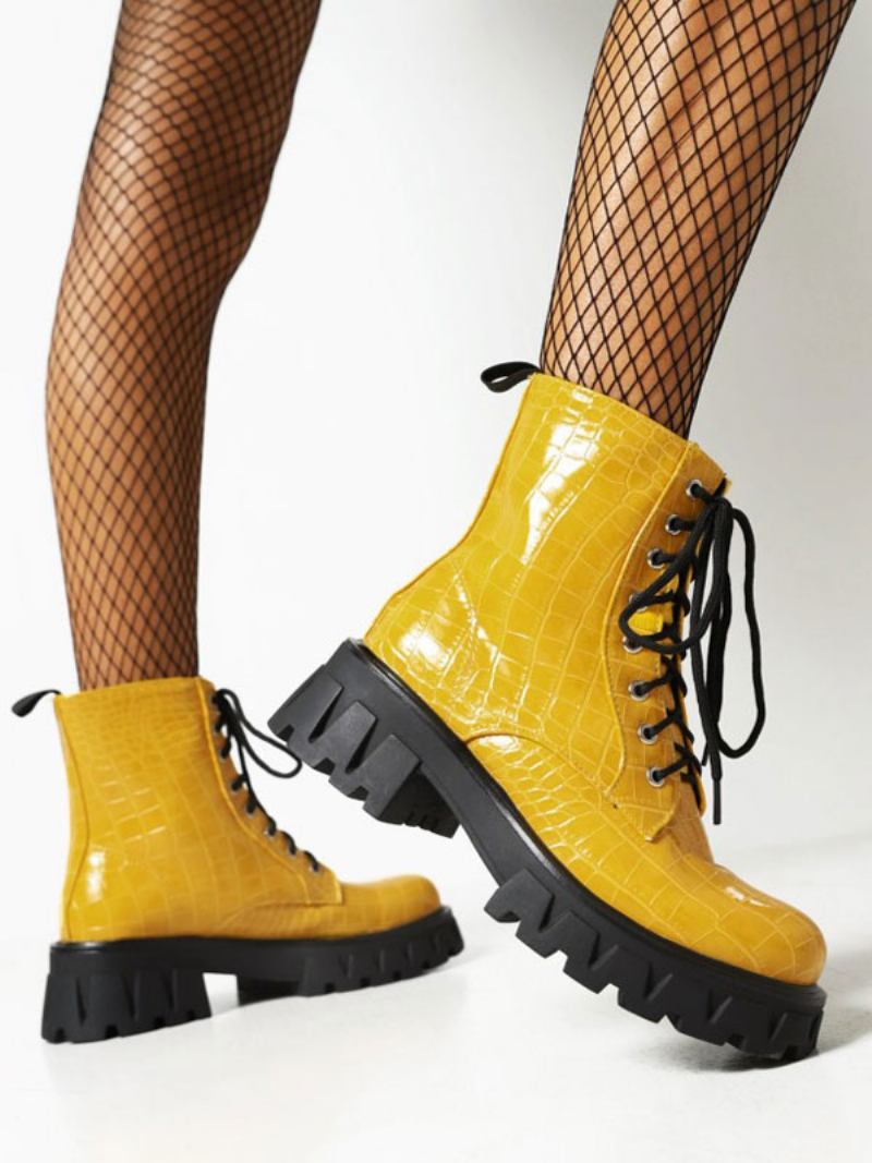 Botas Femininas Couro Pu Com Bico Redondo E Salto Grosso - Amarelo